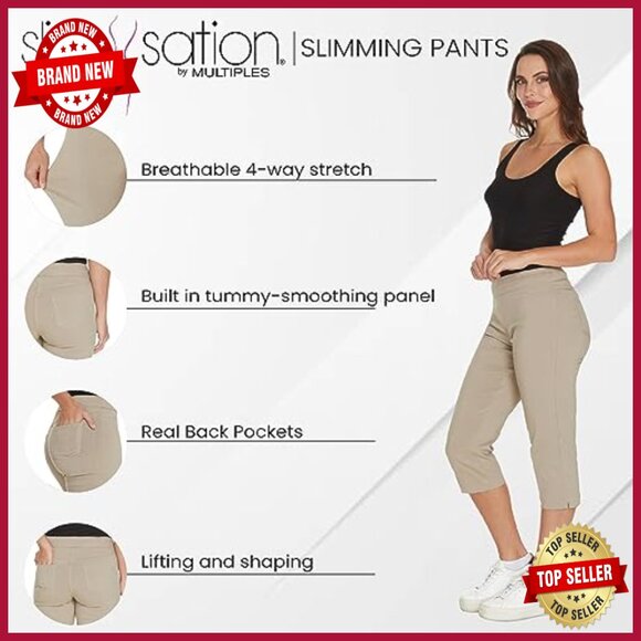 Tummy Control Pull-On Capri Pants with Wide Band, Straight Leg Fit - Picture 5 of 7